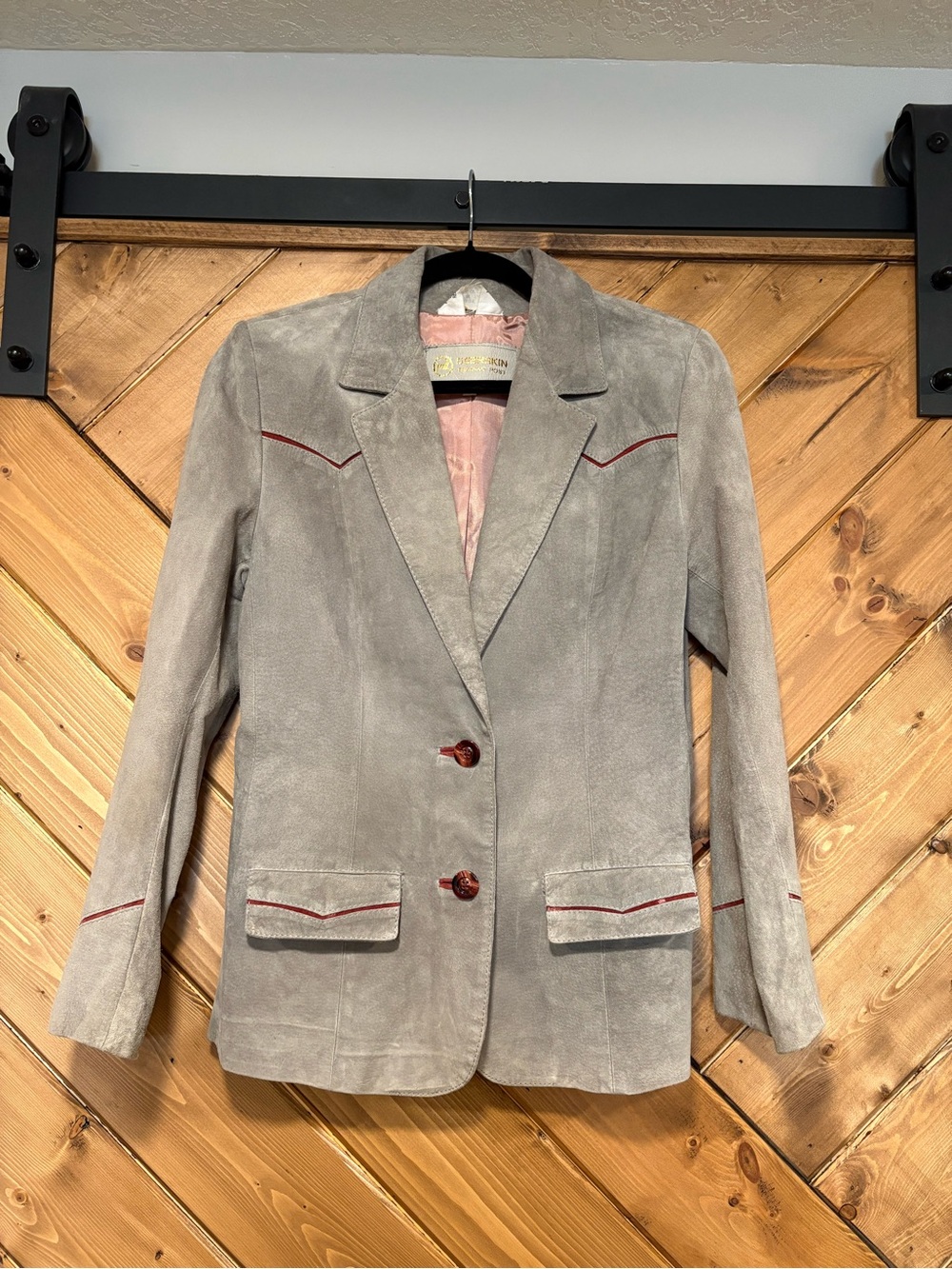 100% Leather Grey Blazer with Red Trim - Women's Blazer Jacket Size 12 Vintage